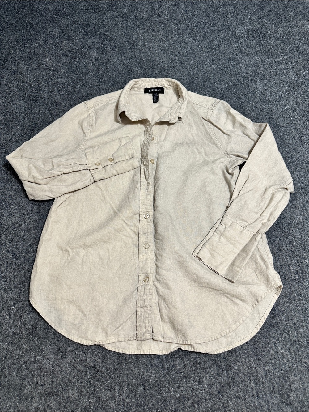 This is a beige Ellen Tracy long-sleeve button-down shirt